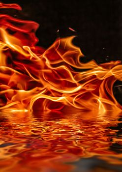 Hot fire flames in water as nature element and abstract background, minimal design