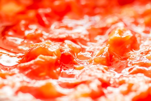 Cooking tomato sauce, closeup steamed vegetables for cook book or food blog backgrounds