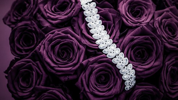 Luxe branding, glamour fashion and boutique shopping concept - Luxury diamond jewelry bracelet and purple roses flowers, love gift on Valentines Day and jewellery brand holiday background design