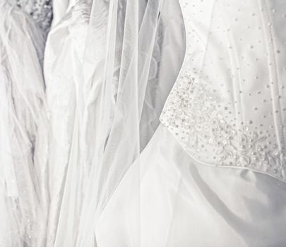 Wedding dresses in a bridal shop, fashion and style brand