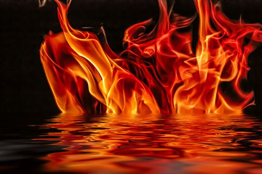 Hot fire flames in water as nature element and abstract background, minimal design