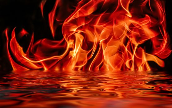 Hot fire flames in water as nature element and abstract background, minimal design