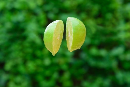 The man use knife split the fresh green lemon in midair