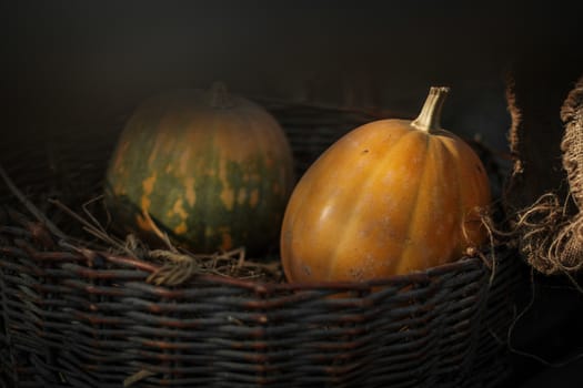 Fresh pumpkins in a wicker basket