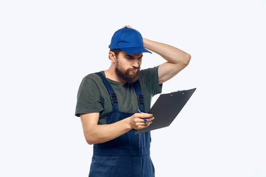 Man in working form documents loading worker service lifestyle. High quality photo