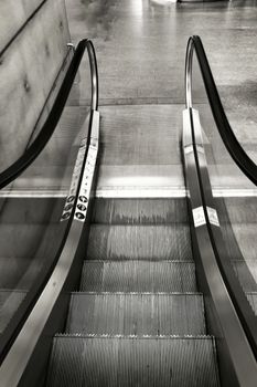 Escalators at the Orient Station in Lisbon, Portugal. Monochrome photography.
