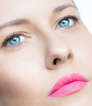 Beauty face closeup, pink lipstick makeup look and perfect skin, beautiful model woman portrait