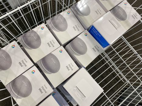 Orlando, FL/USA - 10/14/20:  A bin of Google Nest Mini Home devices display at Best Buy in Orlando, Florida