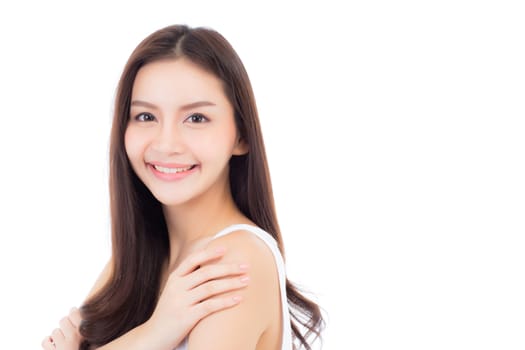 Portrait of beautiful asian woman makeup of cosmetic, beauty of girl with face smile attractive isolated on white background, perfect with wellness and healthcare concept.