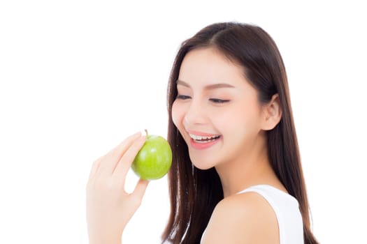 Beautiful young asian woman smile and holding green apple fruit with wellness and healthy isolated on white background.