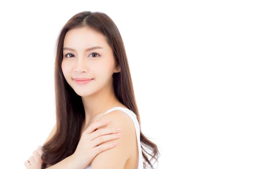 Portrait of beautiful asian woman makeup of cosmetic, beauty of girl with face smile attractive isolated on white background, perfect with wellness and healthcare concept.