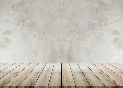 Wooden empty table top with cement background, can be used for display your products.