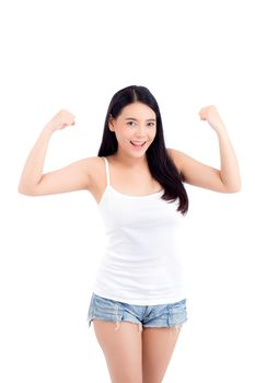 Portrait of beautiful asian woman power strong and strength, beauty of girl with wellness and smile isolated on white background, healthcare concept.