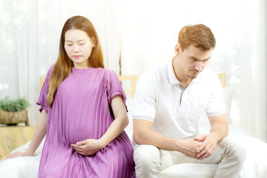 Beautiful asian young woman pregnant and husband with problem relationship, unhappy and stress, family with abortion concept.