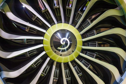 Commercial airplane jet engine turbine close-up view