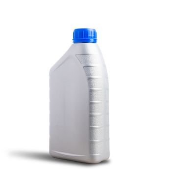 Gray plastic can machine lubricating oil bottle 1 liter with a blue cap for machine engine isolated on over white background with clipping path