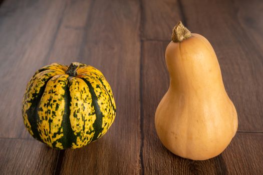 Colored beautiful pumpkin lies on a wooden background.