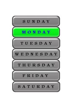 Among the days of the week, Monday is highlighted in blue on a green background.