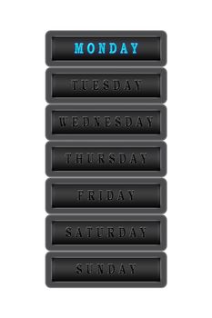 Among the days of the week, Monday is highlighted in blue on a dark background.  The rest of the days are black on a dark background.