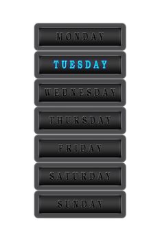 Among the list of days of the week Tuesday is highlighted in blue on a dark background.  The rest of the days are black on a dark background.