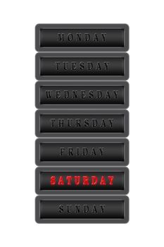 Among the list of days of the week, Saturday is highlighted in red on a dark background.  The rest of the days are black on a dark background.