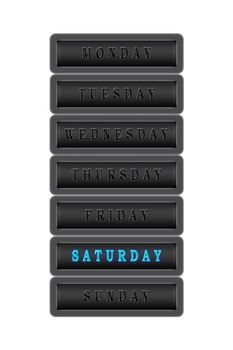 Among the list of days of the week Saturday is highlighted in blue on a dark background.  The rest of the days are black on a dark background.