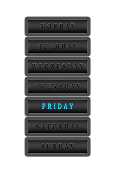 Among the list of days of the week Friday is highlighted in blue on a dark background.  The rest of the days are black on a dark background.