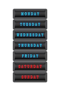 Among the list of days of the week, Saturday and Sunday are highlighted in red on a dark background.  The rest of the days are highlighted in blue on a dark background.