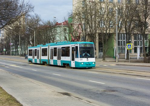 Minsk, Belarus-April 5, 2018: Urban transport. Tram on the street Yakub Kolas