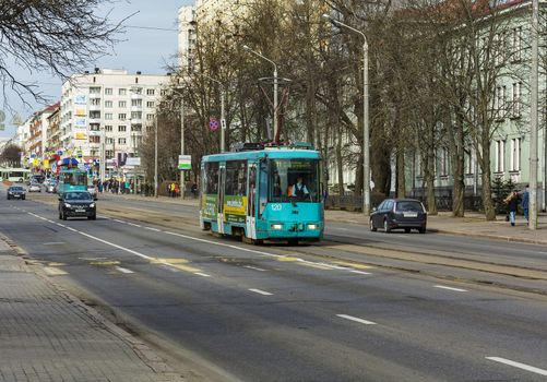 Minsk, Belarus-April 5, 2018: Urban transport. Tram on the street Yakub Kolas