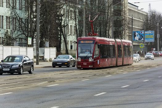 Minsk, Belarus-April 5, 2018: Urban transport. Tram on the street Yakub Kolas