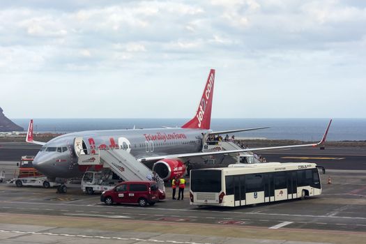 Spain, Alicante – May 19, 2018: the Passengers leave the plane the airline Jet2.