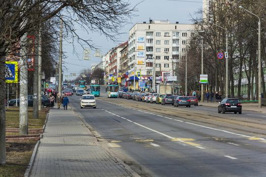 Minsk, Belarus – April 5, 2018: Traffic on Yakub Kolos street