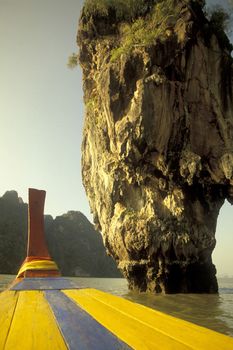 The Sea and Landscape with the James Bond Rock at the Ao Phang Nga Nationalpark on the Andaman Sea in the south of Thailand.    Thailand, Phang Nga, April, 2001