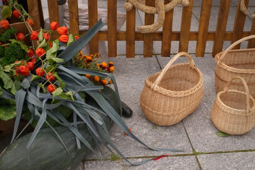 Three rustic wicker basket outdoors on a patio alongside a potted Chinese Lantern Plant with its colorful orange seed pods and assorted other houseplants