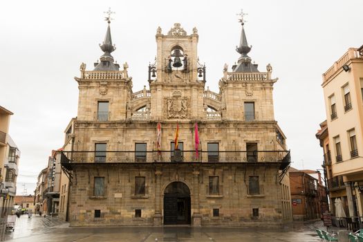 Astorga, Spain, May 2018: Ayuntamiento de Astorga, town hall or city hall on plaza espana