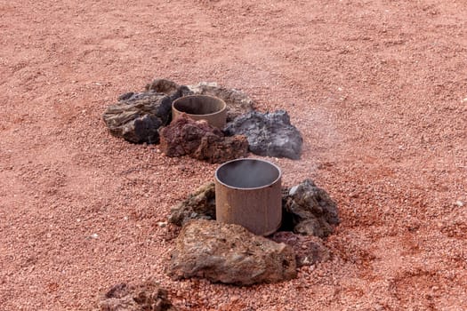 Water vapor, steam generated by volcanic heat in Timanfaya Nationalpark on canary island Lanzarote, Spain 