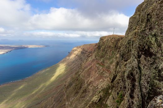 Panoramic view from viewpoint Mirador del Rio at the north of canary island Lanzarote, Spain