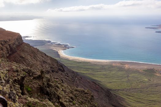 Panoramic view from viewpoint Mirador del Rio at the north of canary island Lanzarote, Spain
