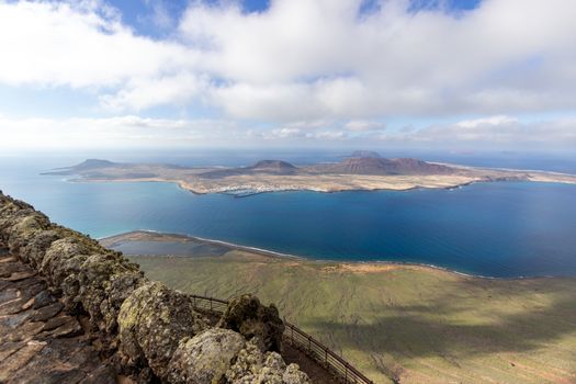 Panoramic view from viewpoint Mirador del Rio at the north of canary island Lanzarote, Spain