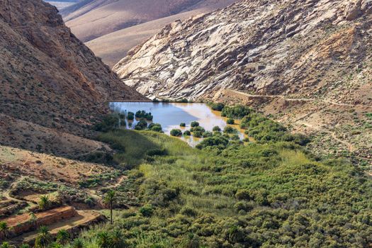 Panoramic view at landscape between Betancuria and Pajara  on Fuerteventura, Spain with dammed lake and multi colored volcanic mountains