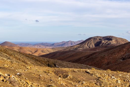 Panoramic view at landscape from viewpoint mirador astronomico de Sicasumbre between Pajara and La Pared   on canary island Fuerteventura, Spain