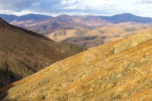 Panoramic view at landscape from viewpoint mirador astronomico de Sicasumbre between Pajara and La Pared   on canary island Fuerteventura, Spain