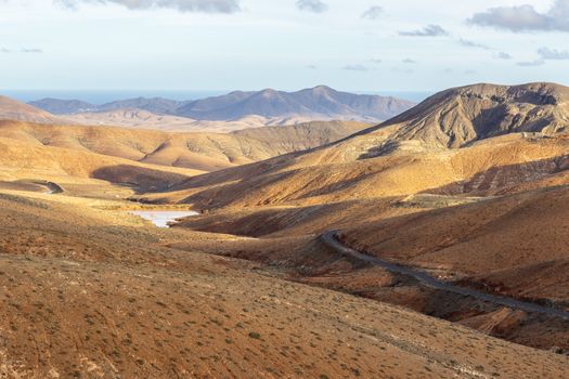 Panoramic view at landscape from viewpoint mirador astronomico de Sicasumbre between Pajara and La Pared   on canary island Fuerteventura, Spain