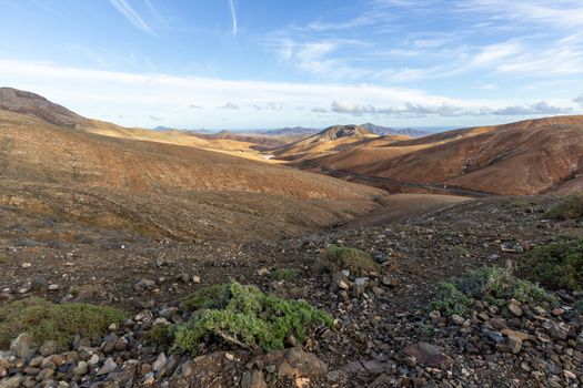 Panoramic view at landscape from viewpoint mirador astronomico de Sicasumbre between Pajara and La Pared   on canary island Fuerteventura, Spain