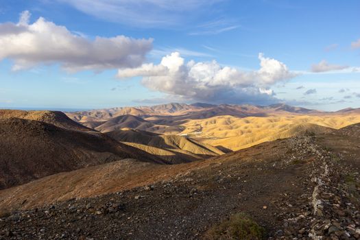 Panoramic view at landscape  between Pajara and La Pared   on canary island Fuerteventura, Spain