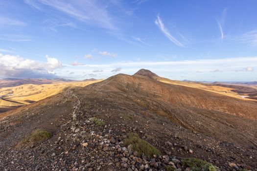 Panoramic view at landscape  between Pajara and La Pared   on canary island Fuerteventura, Spain