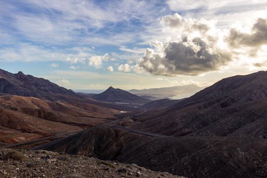 Panoramic view at landscape  between Pajara and La Pared   on canary island Fuerteventura, Spain