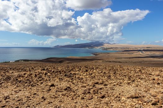 Panoramic view peninsula Jandia on canary island Fuerteventura, Spain with coastline and mountain range in the background