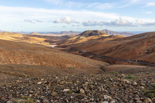 Panoramic view at landscape  between Pajara and La Pared   on canary island Fuerteventura, Spain